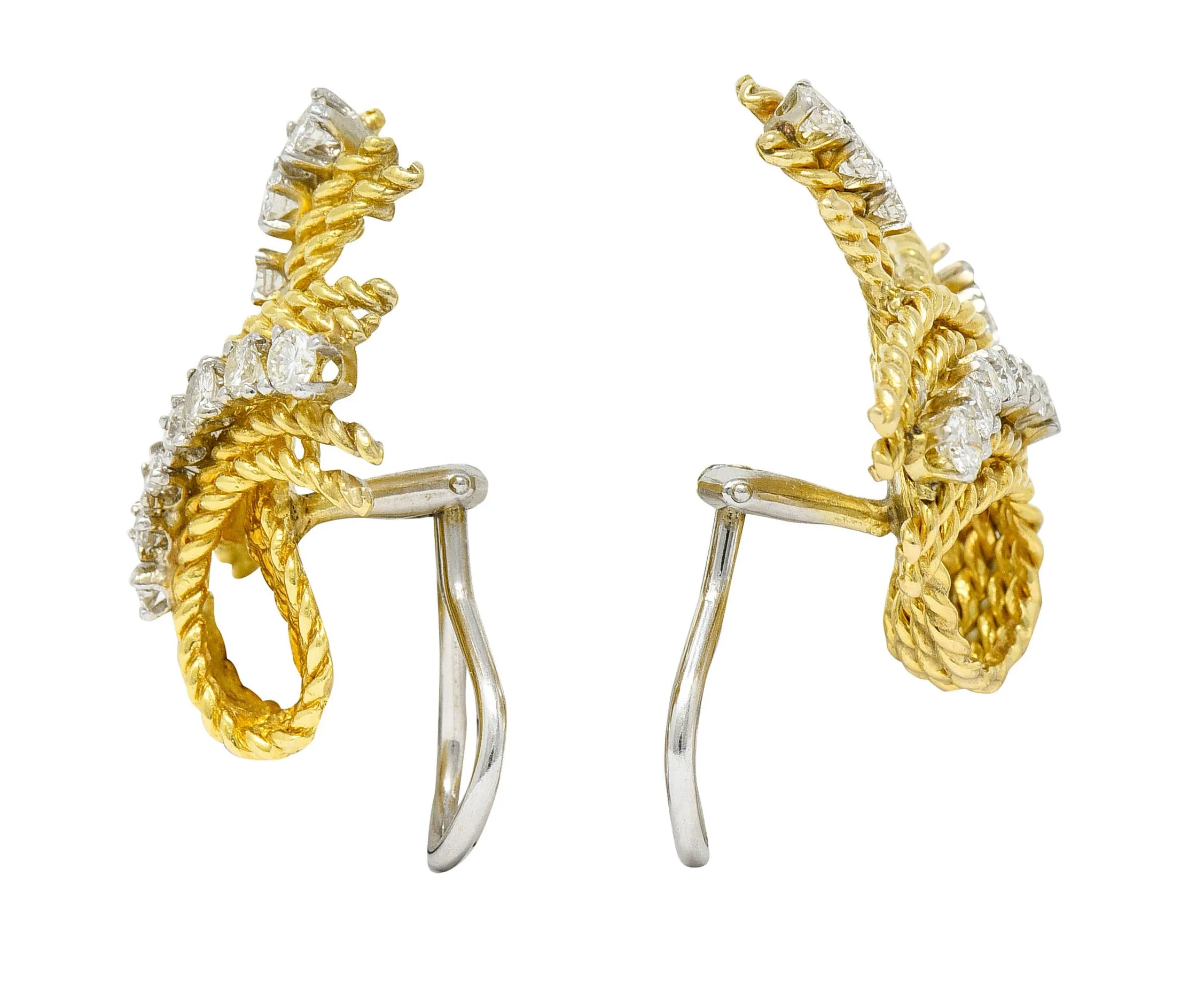 1950's Mid-Century 1.45 CTW Diamond 18 Karat Two-Tone Gold Twisted Rope Ear-Clip Earrings