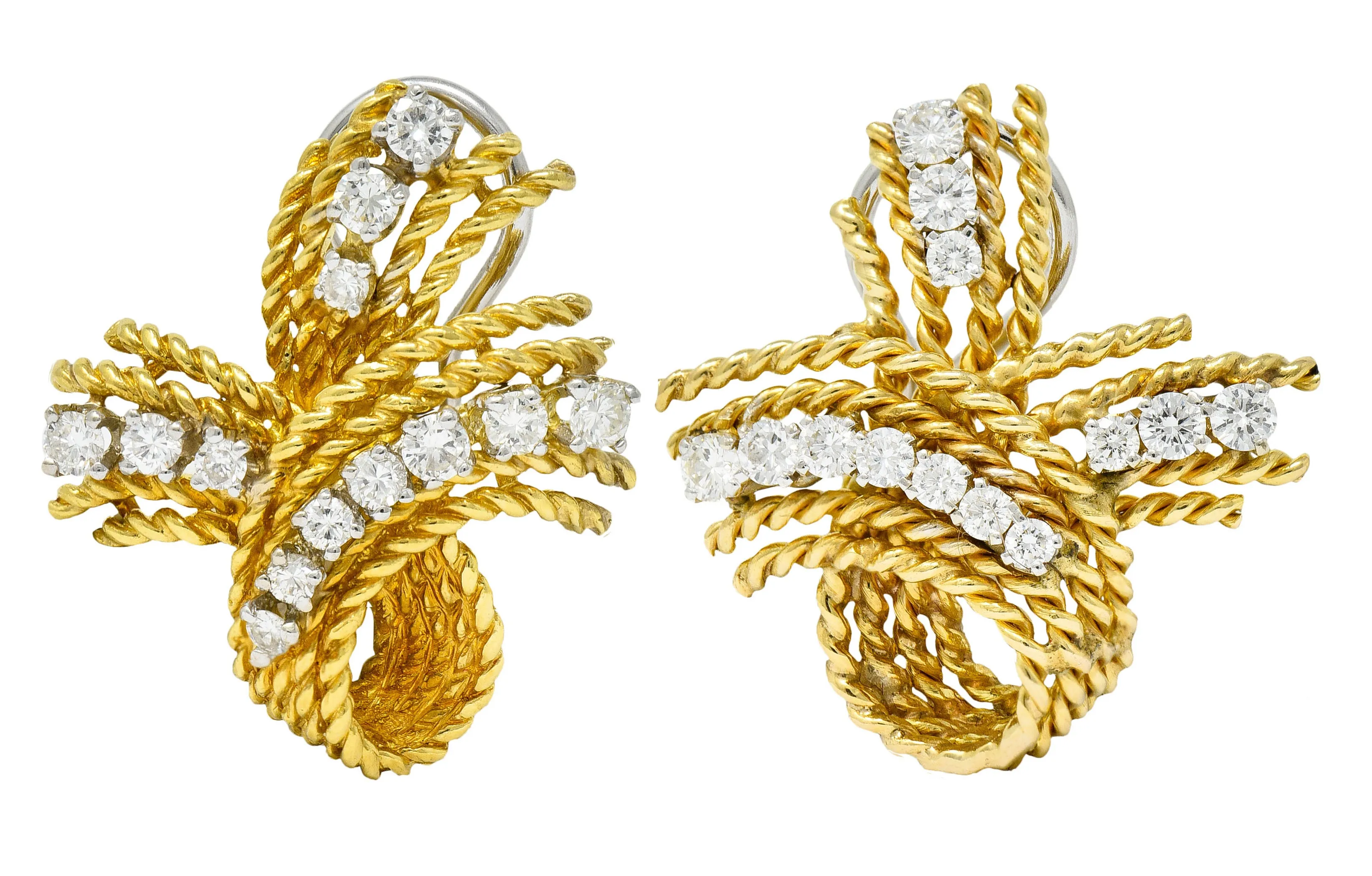 1950's Mid-Century 1.45 CTW Diamond 18 Karat Two-Tone Gold Twisted Rope Ear-Clip Earrings