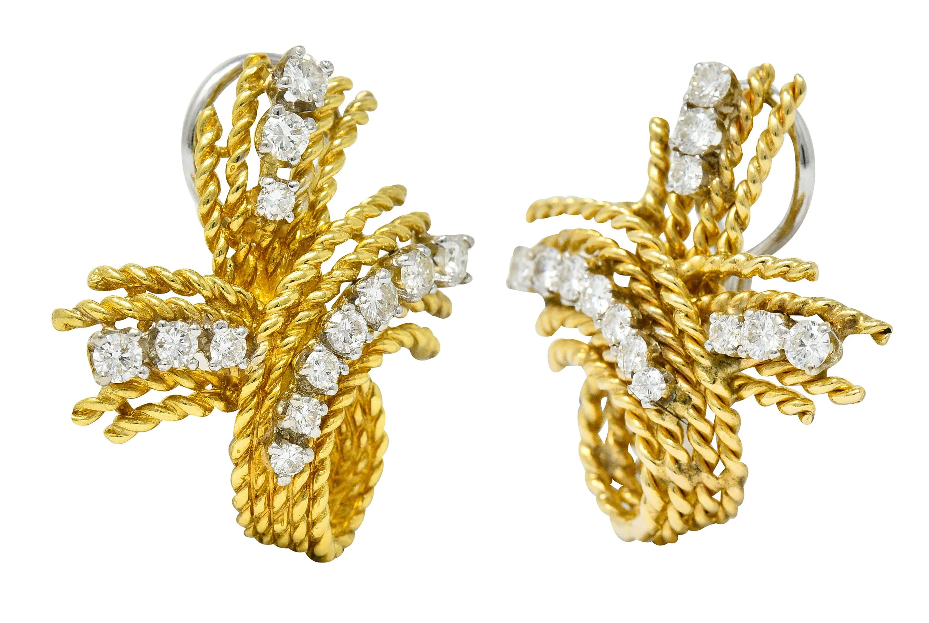 1950's Mid-Century 1.45 CTW Diamond 18 Karat Two-Tone Gold Twisted Rope Ear-Clip Earrings