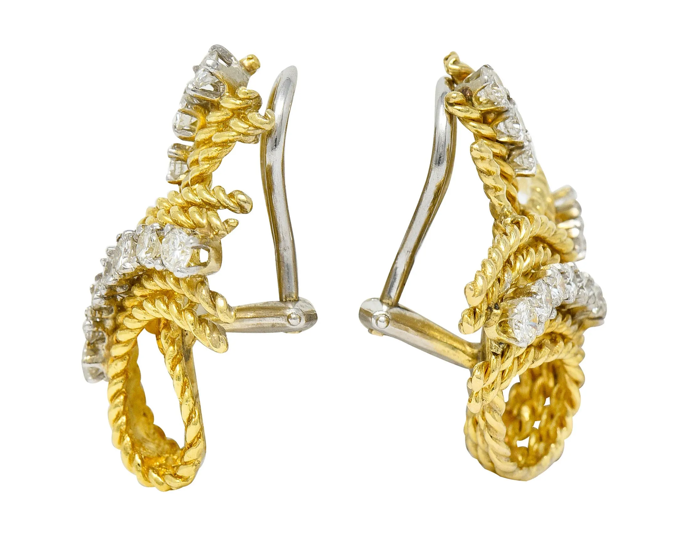 1950's Mid-Century 1.45 CTW Diamond 18 Karat Two-Tone Gold Twisted Rope Ear-Clip Earrings