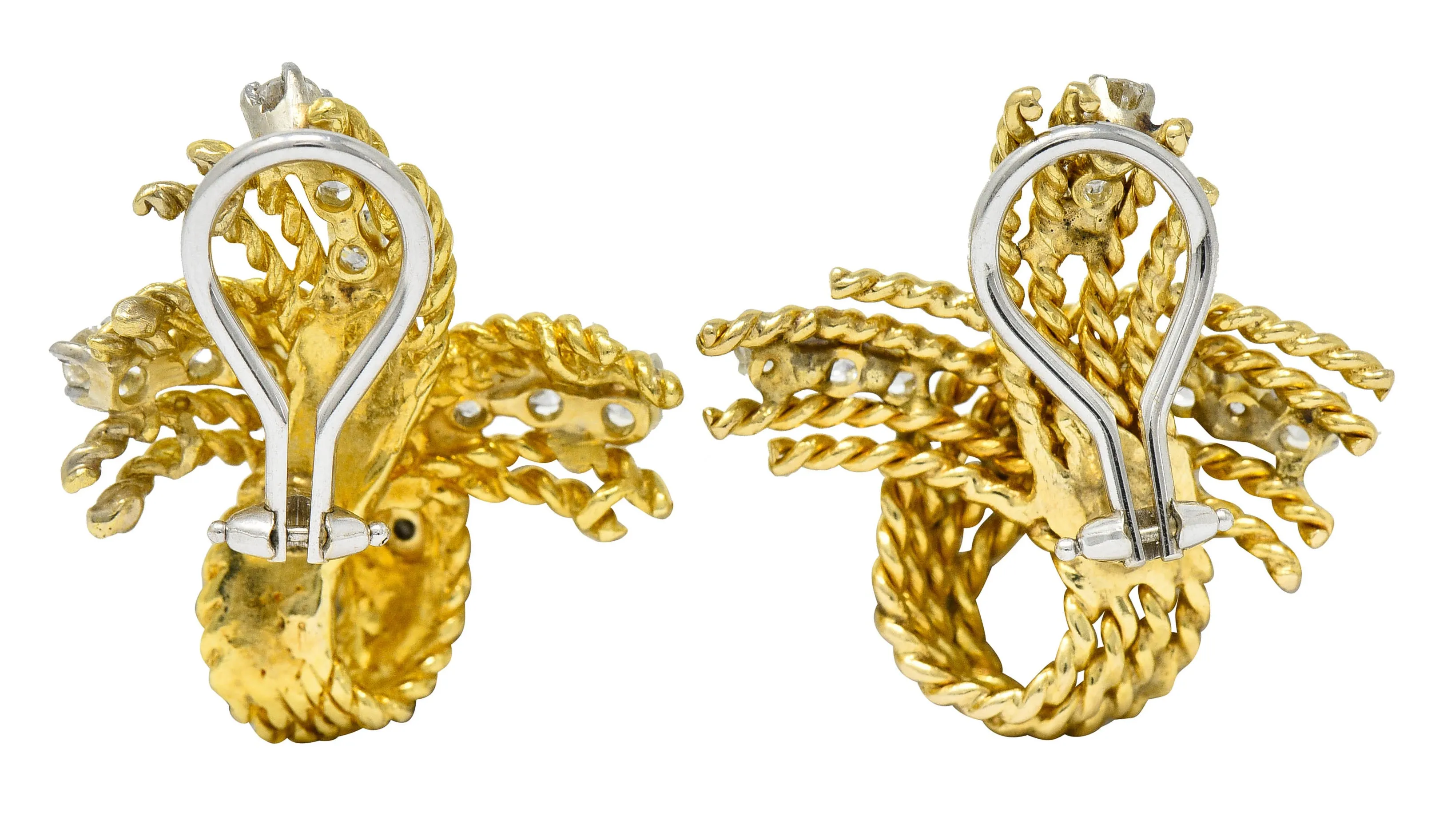 1950's Mid-Century 1.45 CTW Diamond 18 Karat Two-Tone Gold Twisted Rope Ear-Clip Earrings