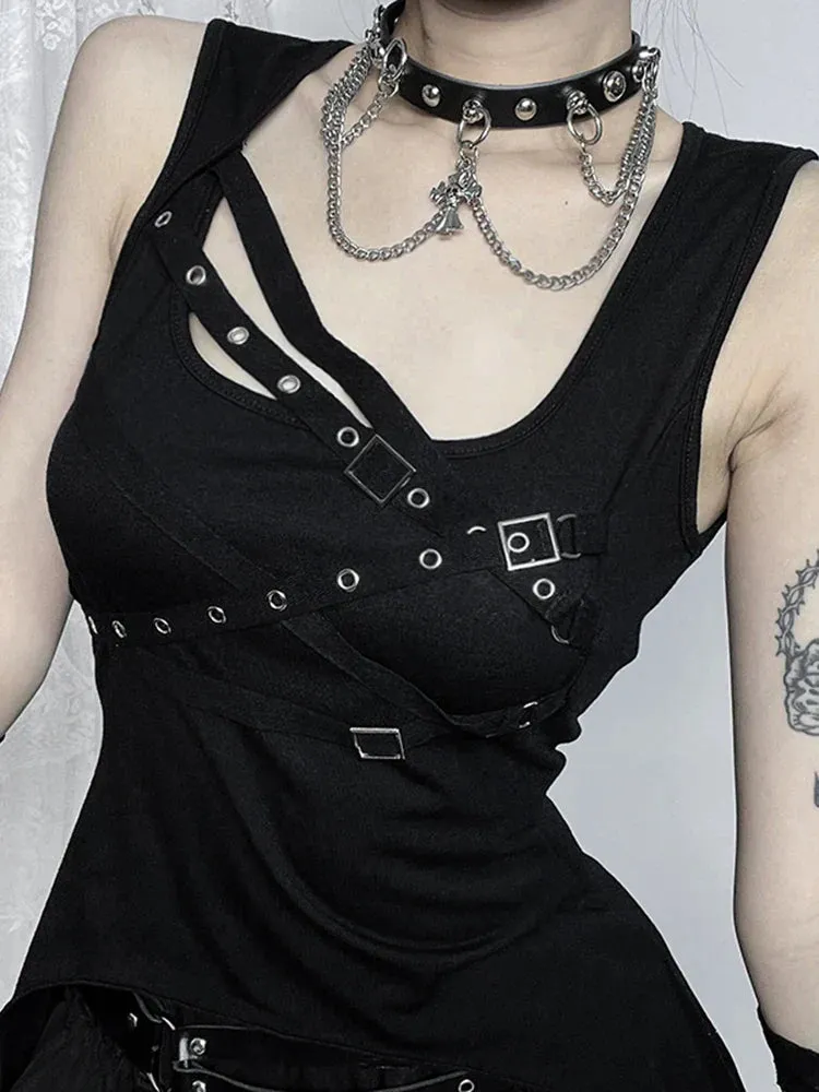 Alt Gothic Cyber Bandage Crop Eyelet Y2K Goth Top