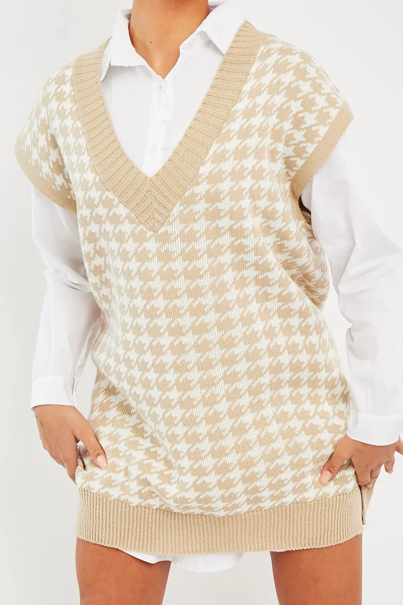 Beige Houndstooth Knit Vest - Hazel