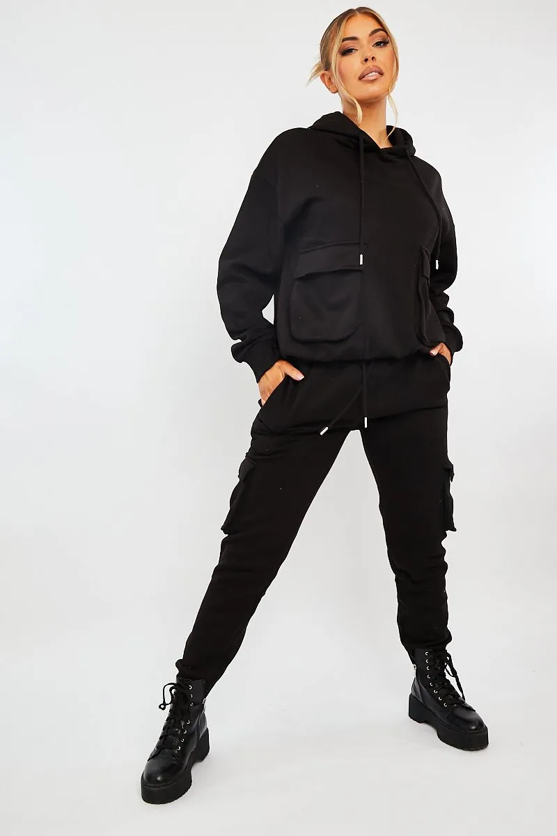 Black Cargo Pocket Hoodie and Joggers Tracksuit - Aafiya