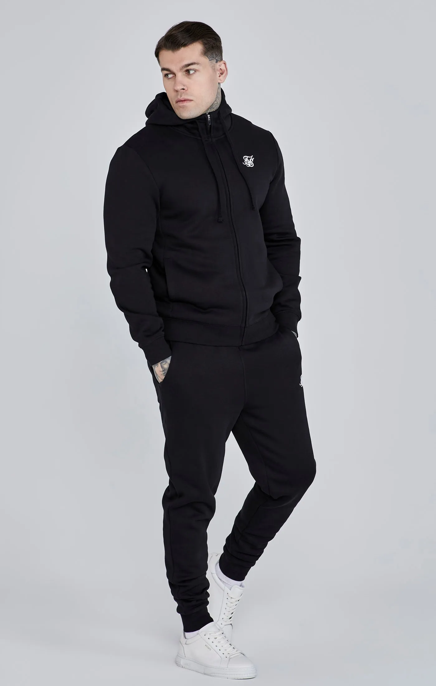 Black Essential Zip Through Funnel Hoodie