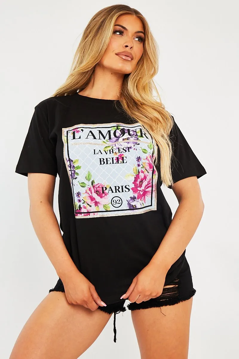 Black L'amour Slogan Graphic T-shirt - Leighna