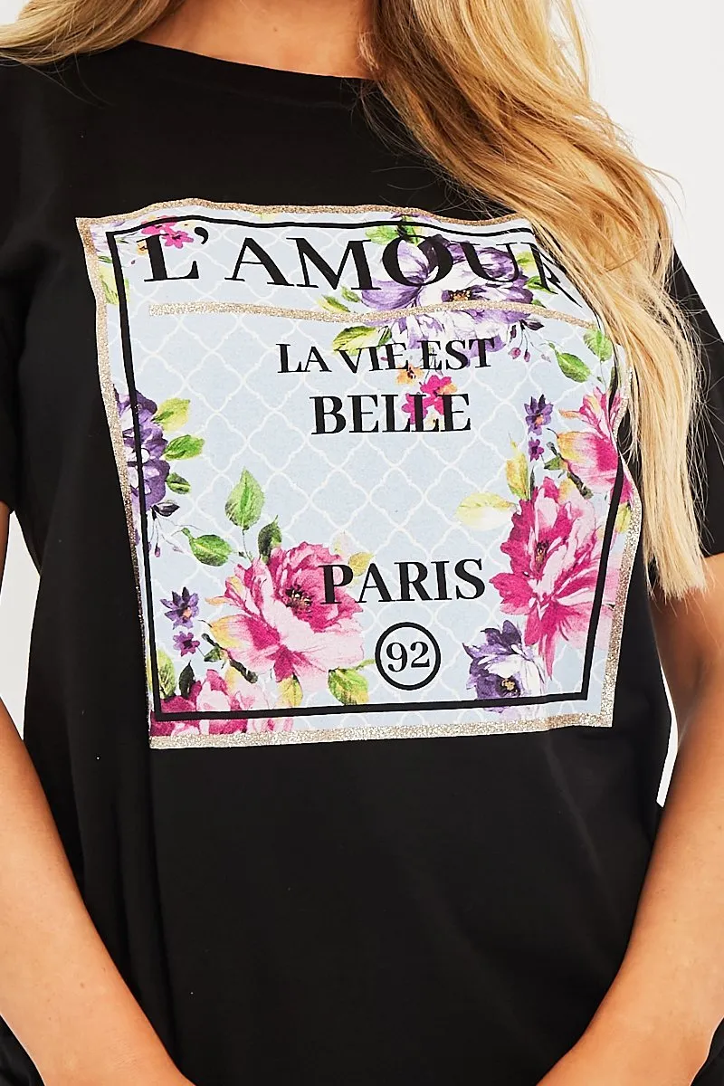 Black L'amour Slogan Graphic T-shirt - Leighna