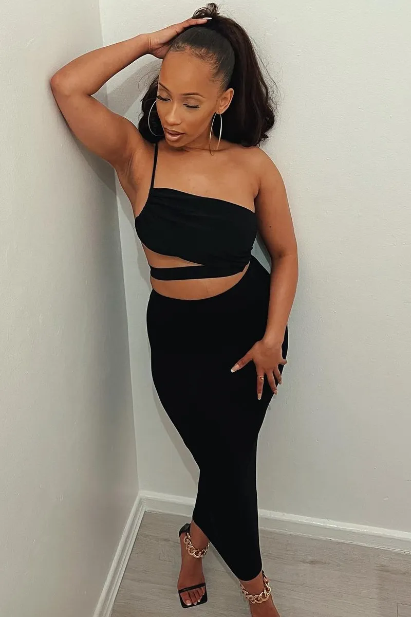 Black Slinky One Shoulder Cut Out Crop Top - Aaliyah