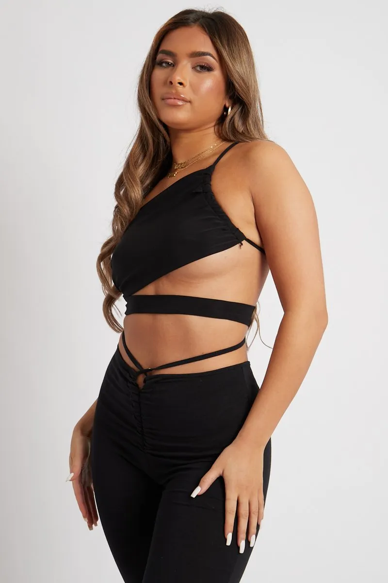 Black Slinky One Shoulder Cut Out Crop Top - Aaliyah