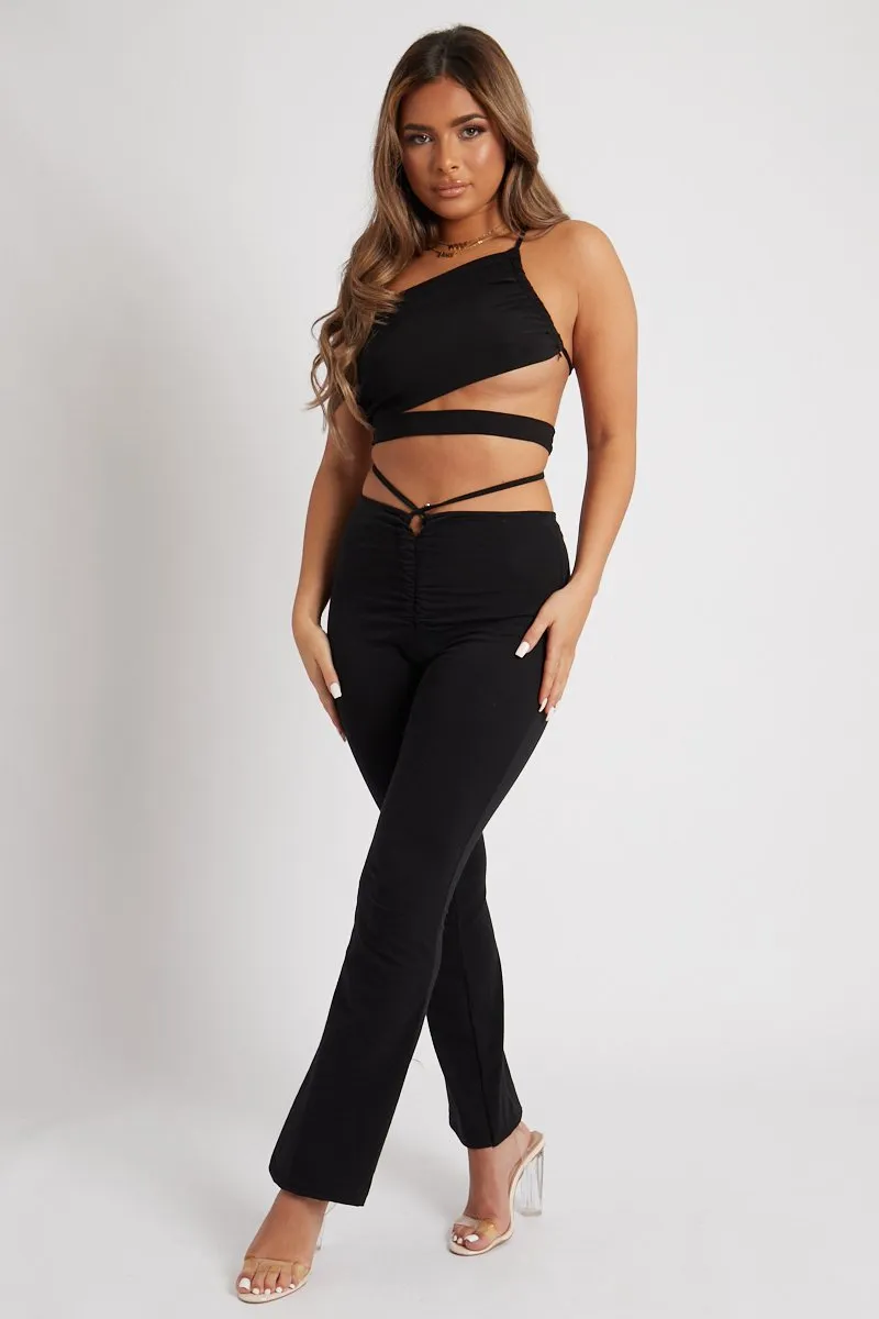 Black Slinky One Shoulder Cut Out Crop Top - Aaliyah