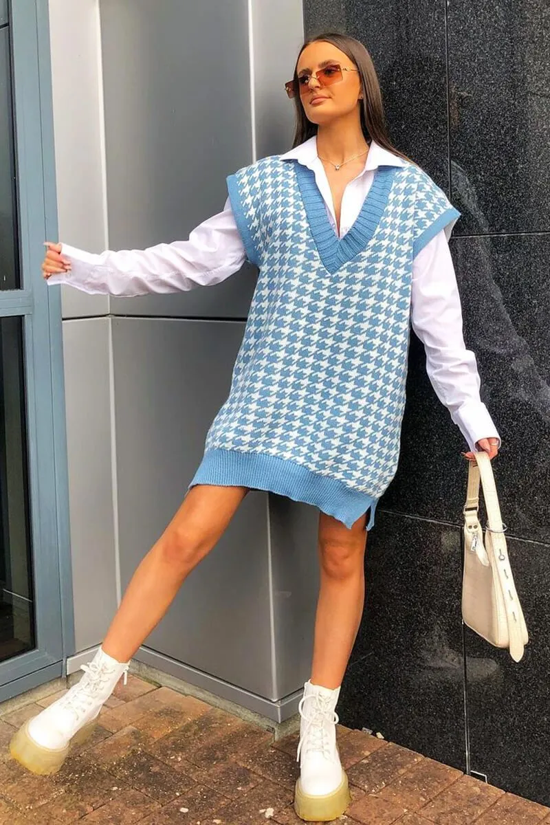 Blue Houndstooth Knit Vest - Hazel