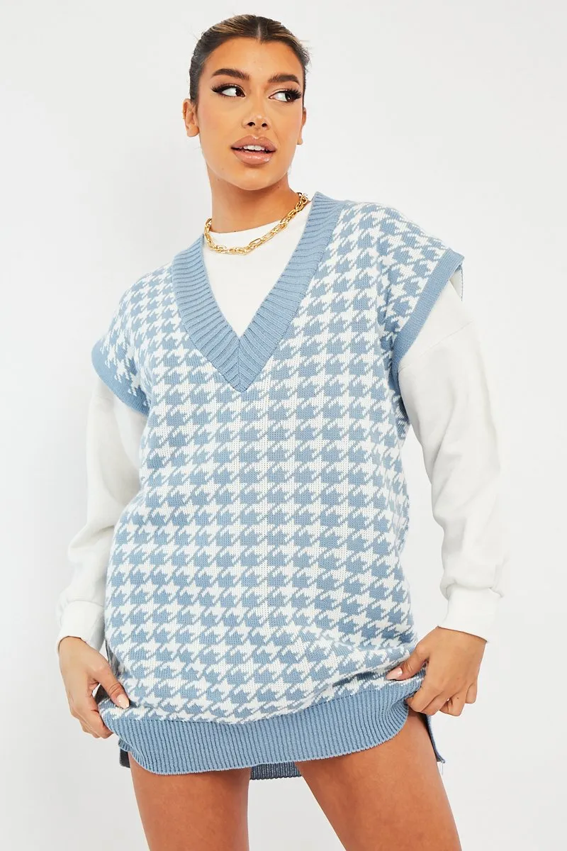 Blue Houndstooth Knit Vest - Hazel