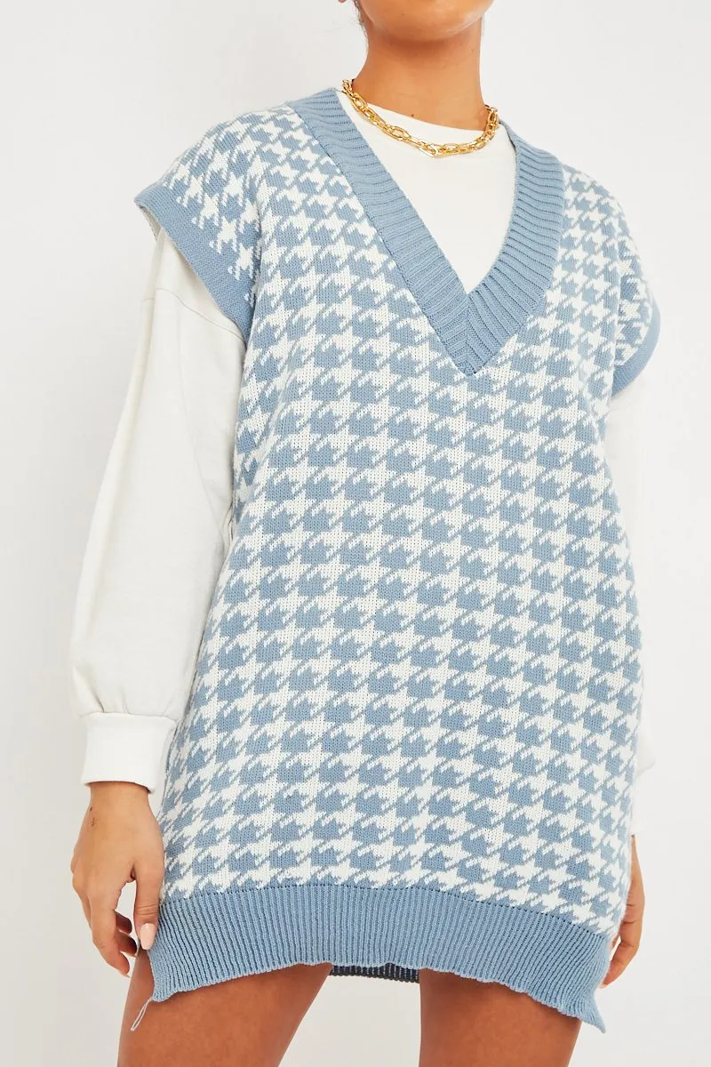 Blue Houndstooth Knit Vest - Hazel