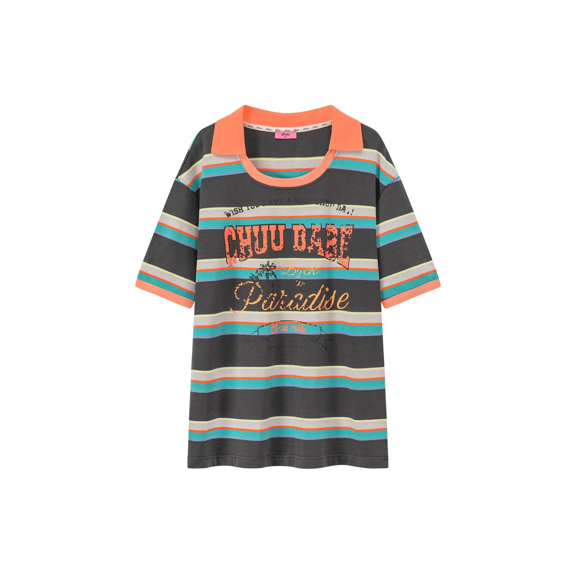 Chuu Babe Color Neck Line Stripe Loose Fit T-Shirt