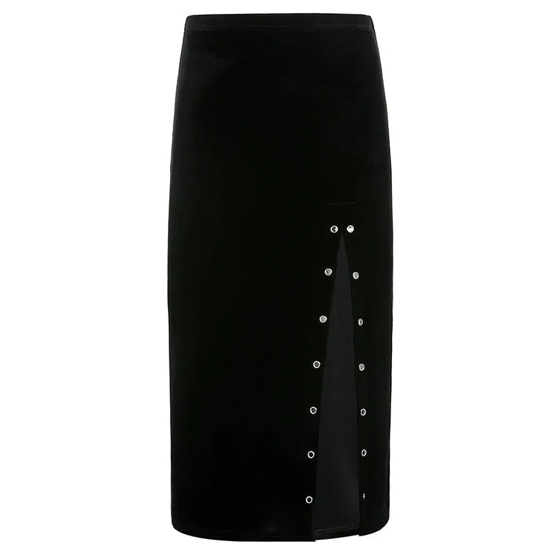 'Dangerous' Black Goth Alt Velvet Skirt with Side Split