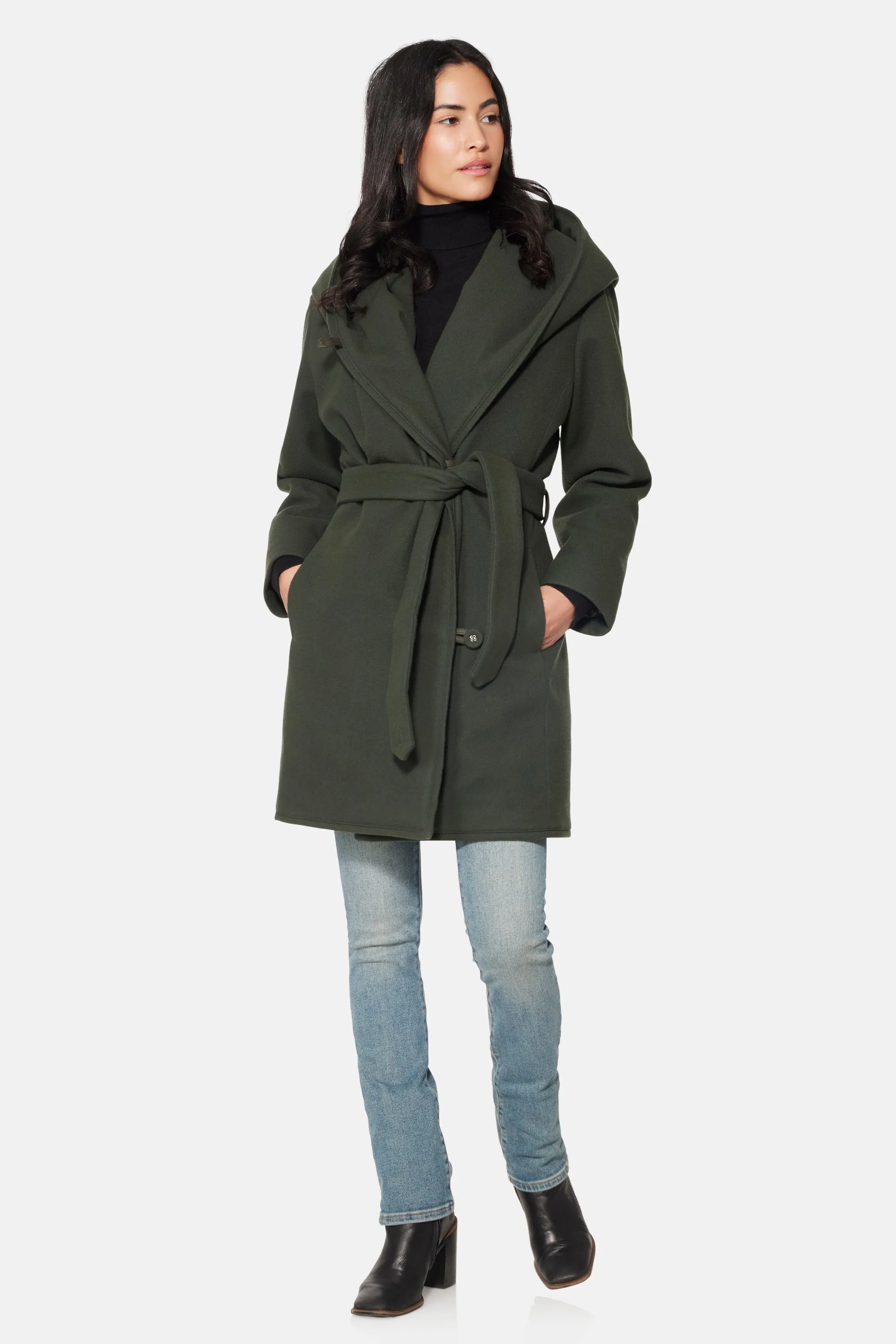 Hooded Wrap Coat, Hunter Green