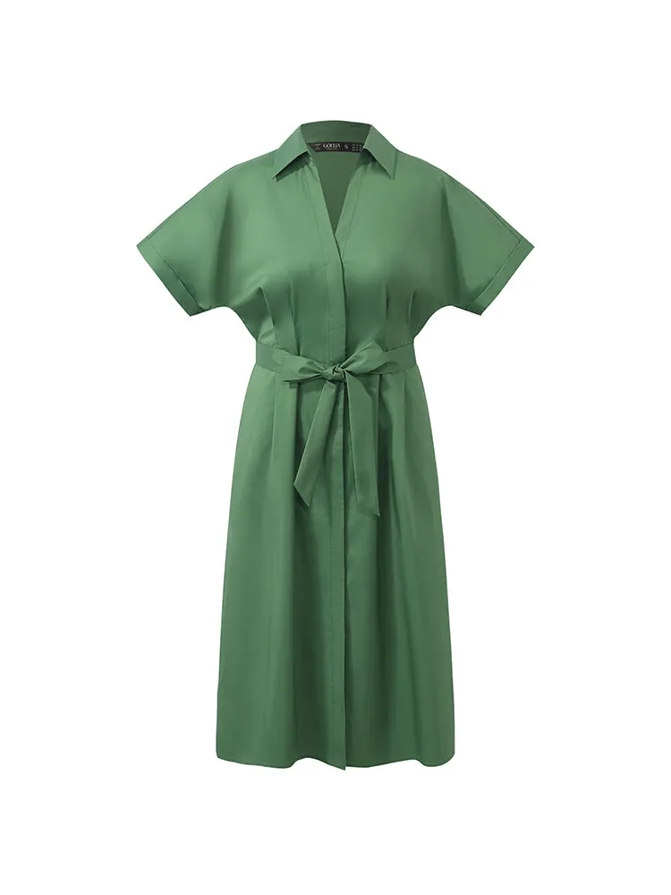 Lapel V-Neck Women Midi Shirt Dress With Belt