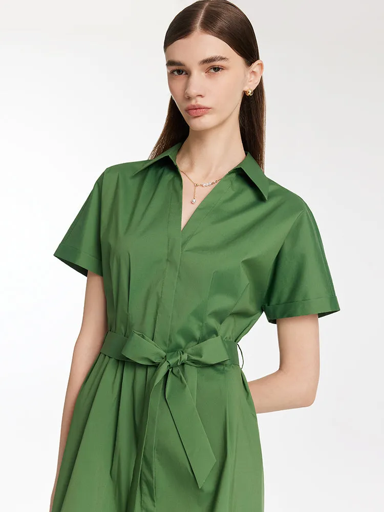 Lapel V-Neck Women Midi Shirt Dress With Belt