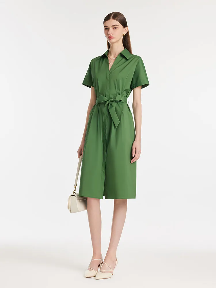 Lapel V-Neck Women Midi Shirt Dress With Belt