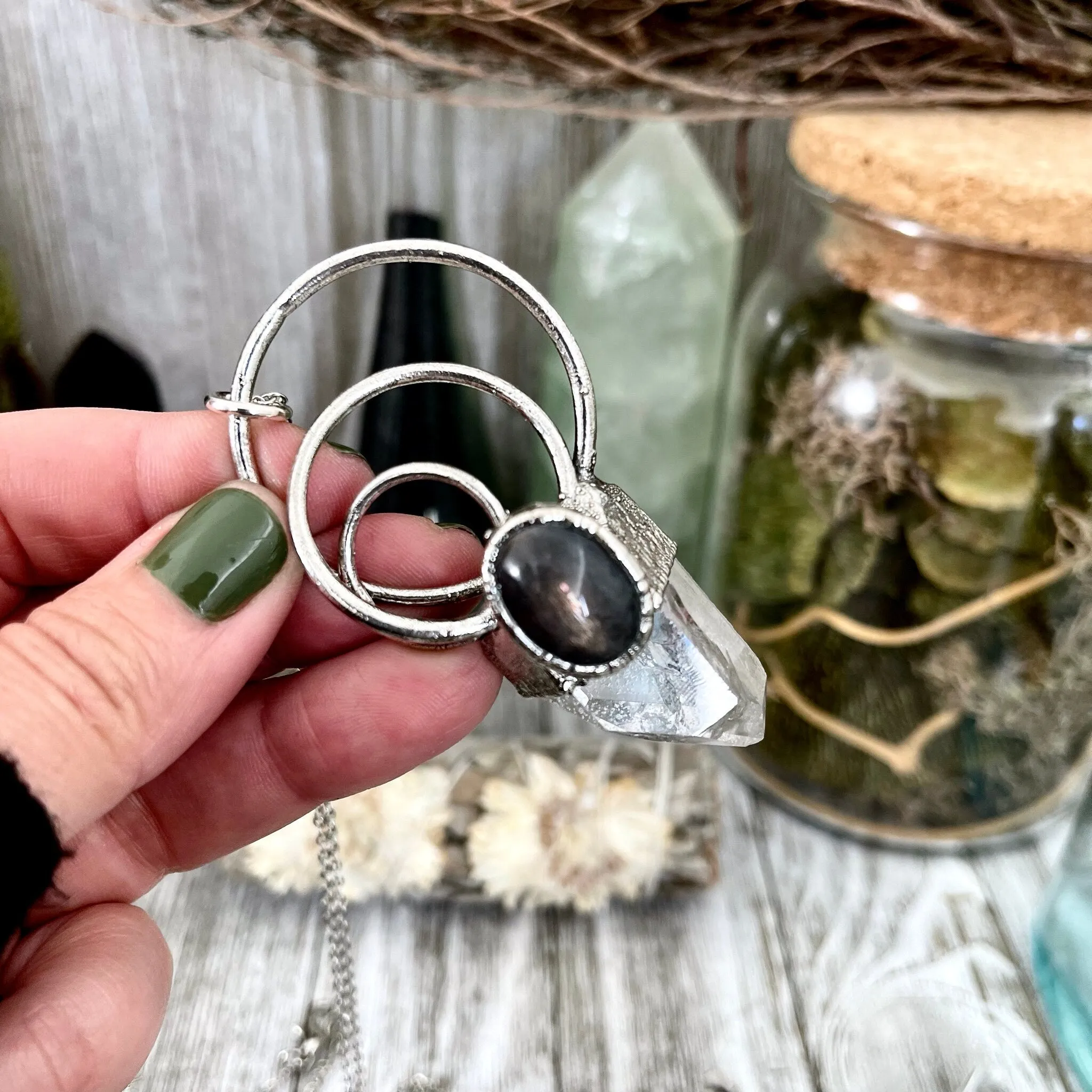 Large Clear Quartz Black Star Sunstone Crystal Necklace Pendant in Fine Silver / Witchy Necklace Goth Jewelry