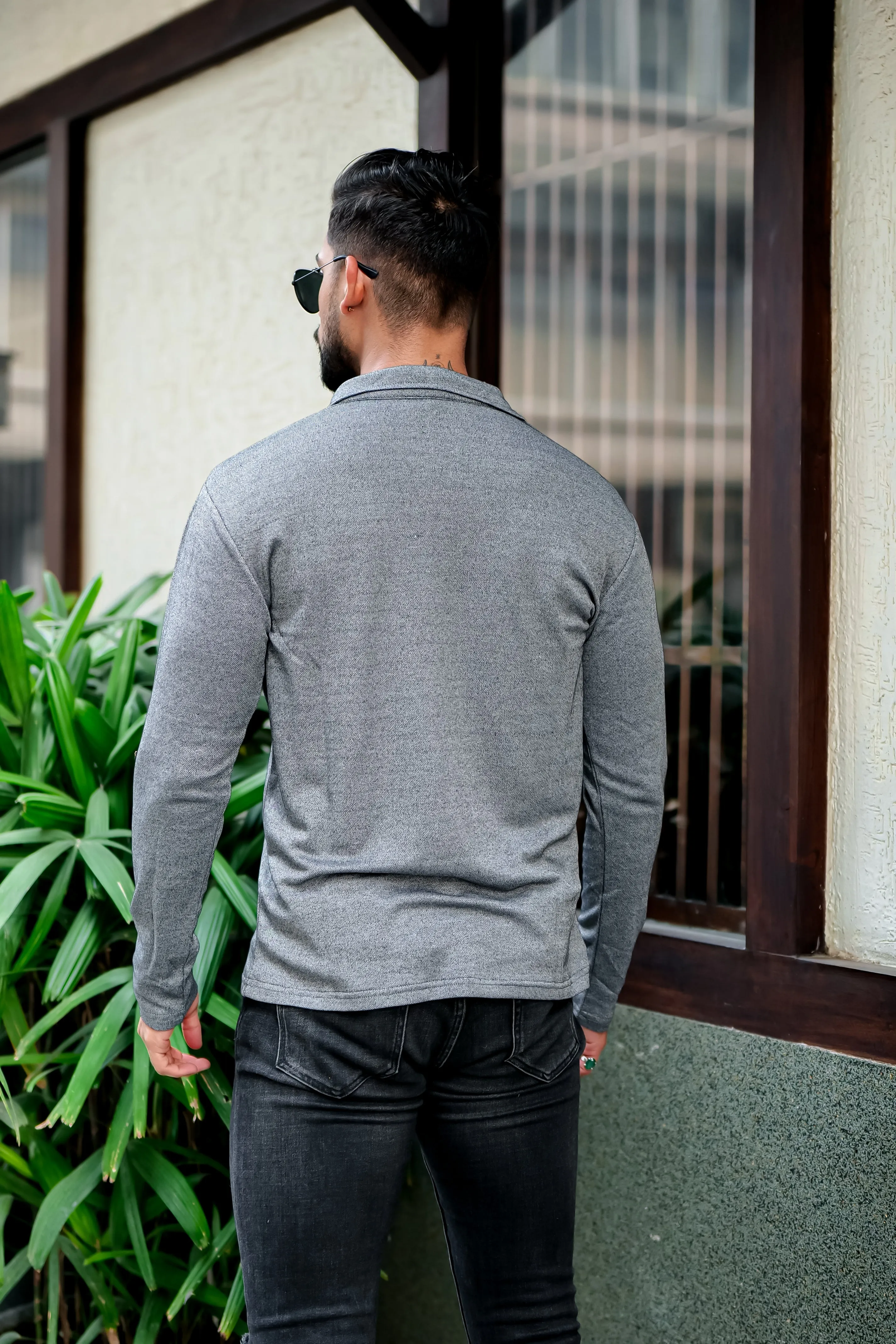 Light Grey Self Design Zipper T-Shirt