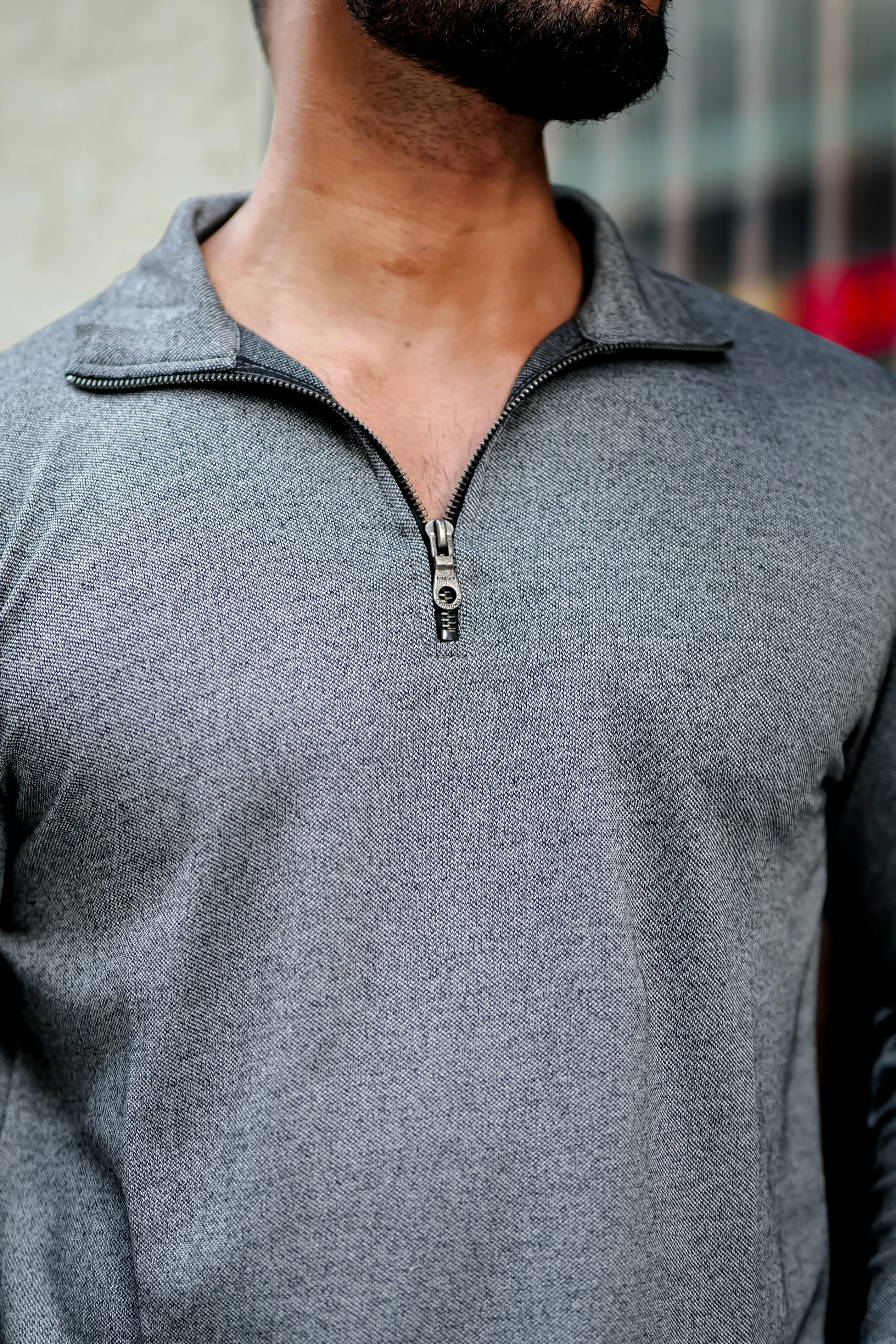 Light Grey Self Design Zipper T-Shirt