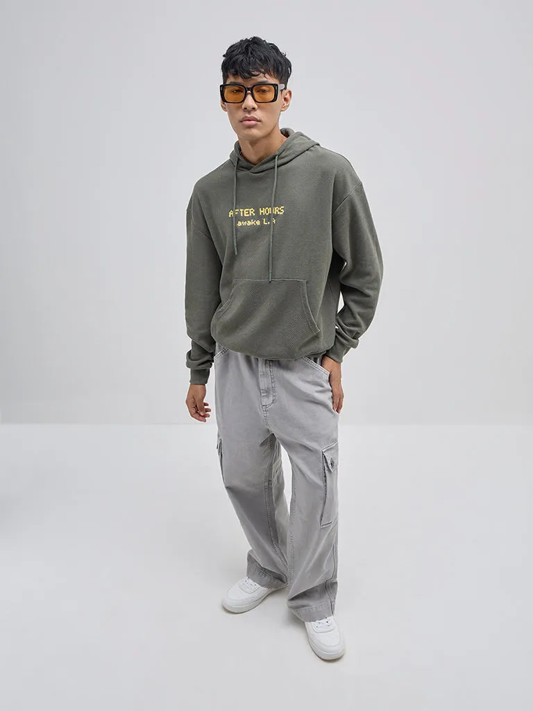 Nuon Olive Text Embroidered Relaxed-Fit Cotton Sweatshirt