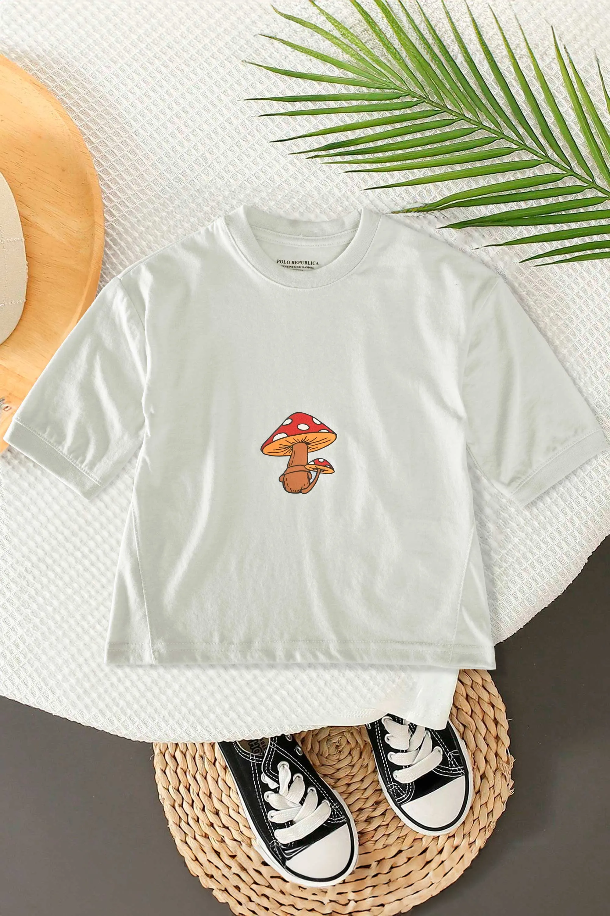 Polo Republica Kid's Mushroom Printed Loose Fit Quarter Sleeves Tee Shirt