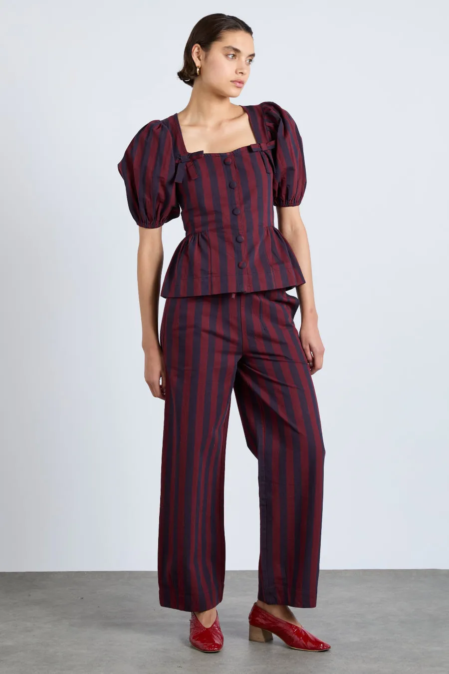 rafe trousers- navy and burgundy stripe