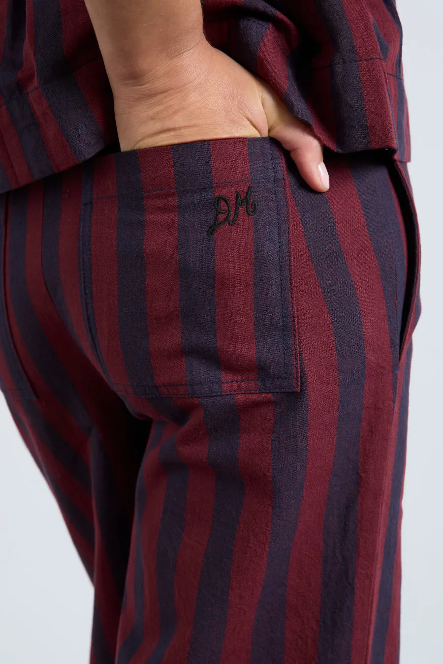 rafe trousers- navy and burgundy stripe