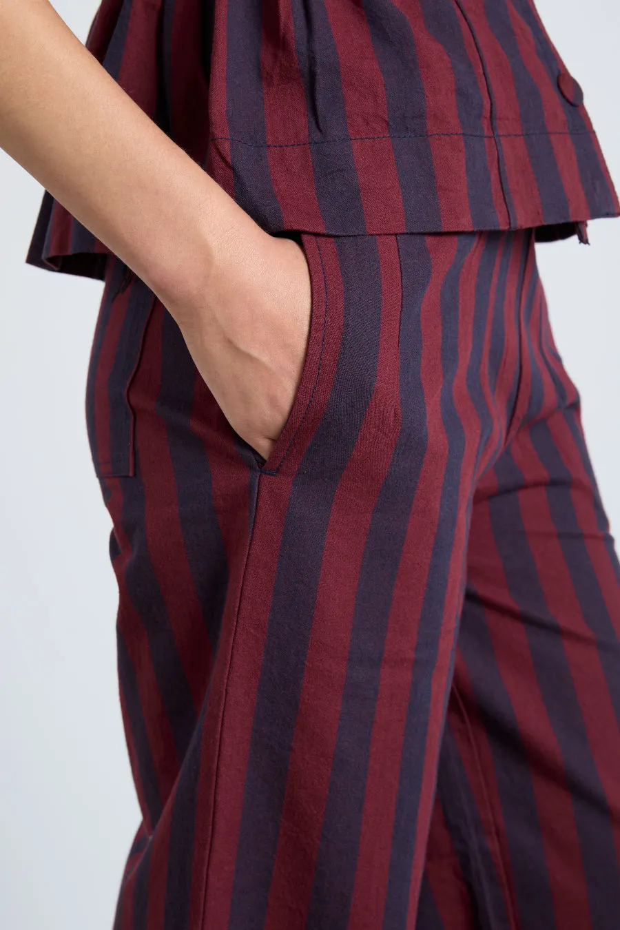 rafe trousers- navy and burgundy stripe