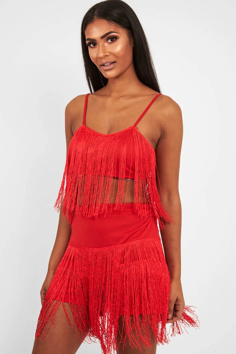 Red Fringe Crop Top Shorts Co-Ord - Lylith