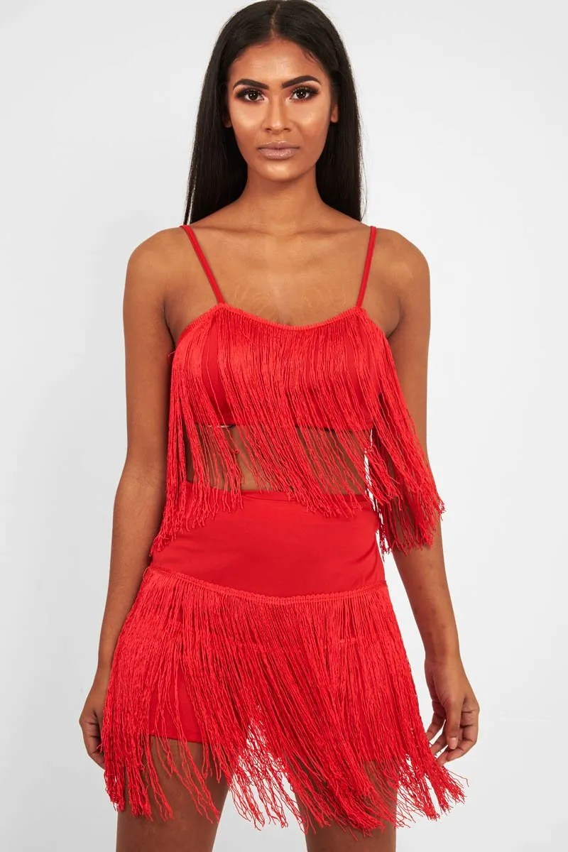 Red Fringe Crop Top Shorts Co-Ord - Lylith