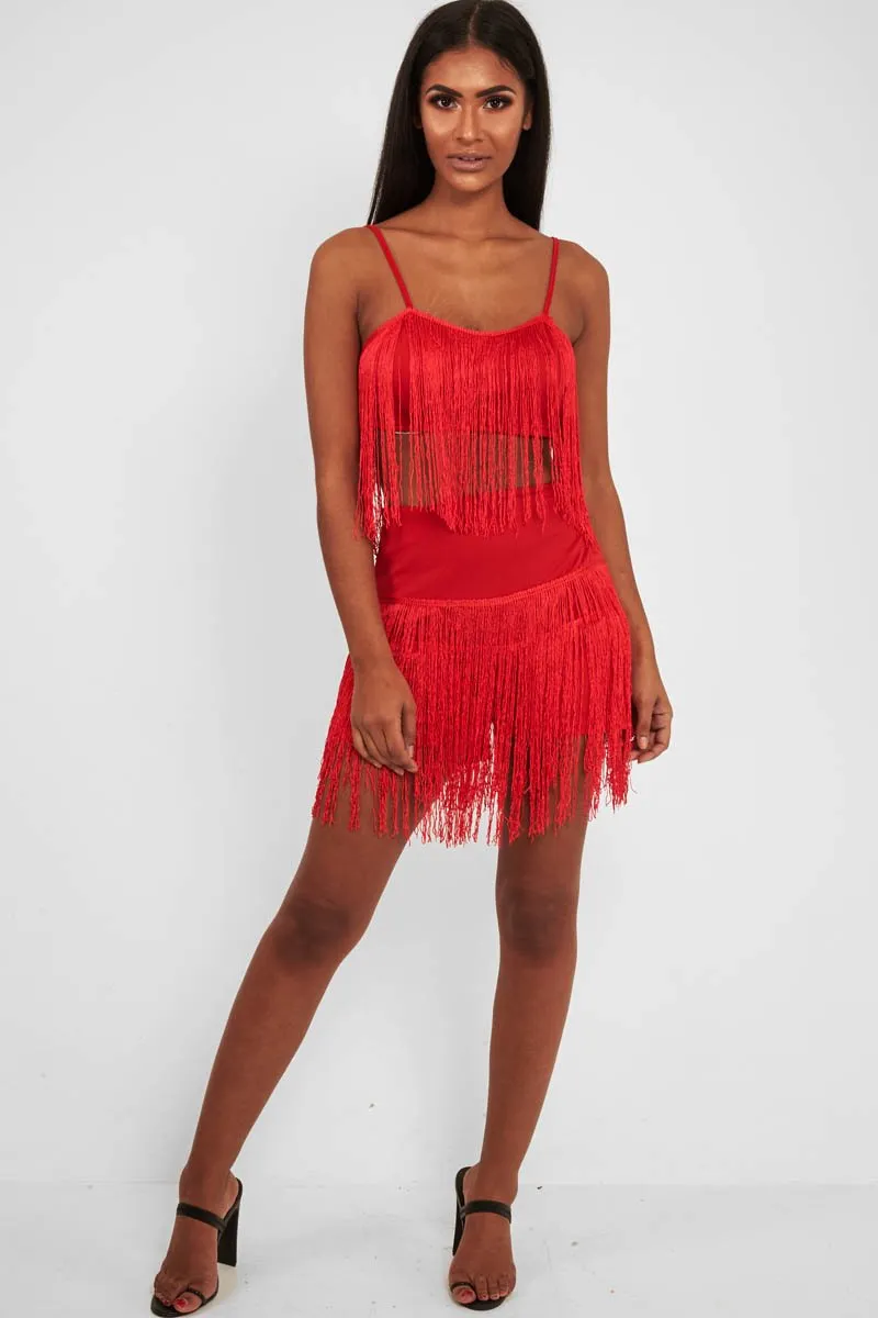 Red Fringe Crop Top Shorts Co-Ord - Lylith