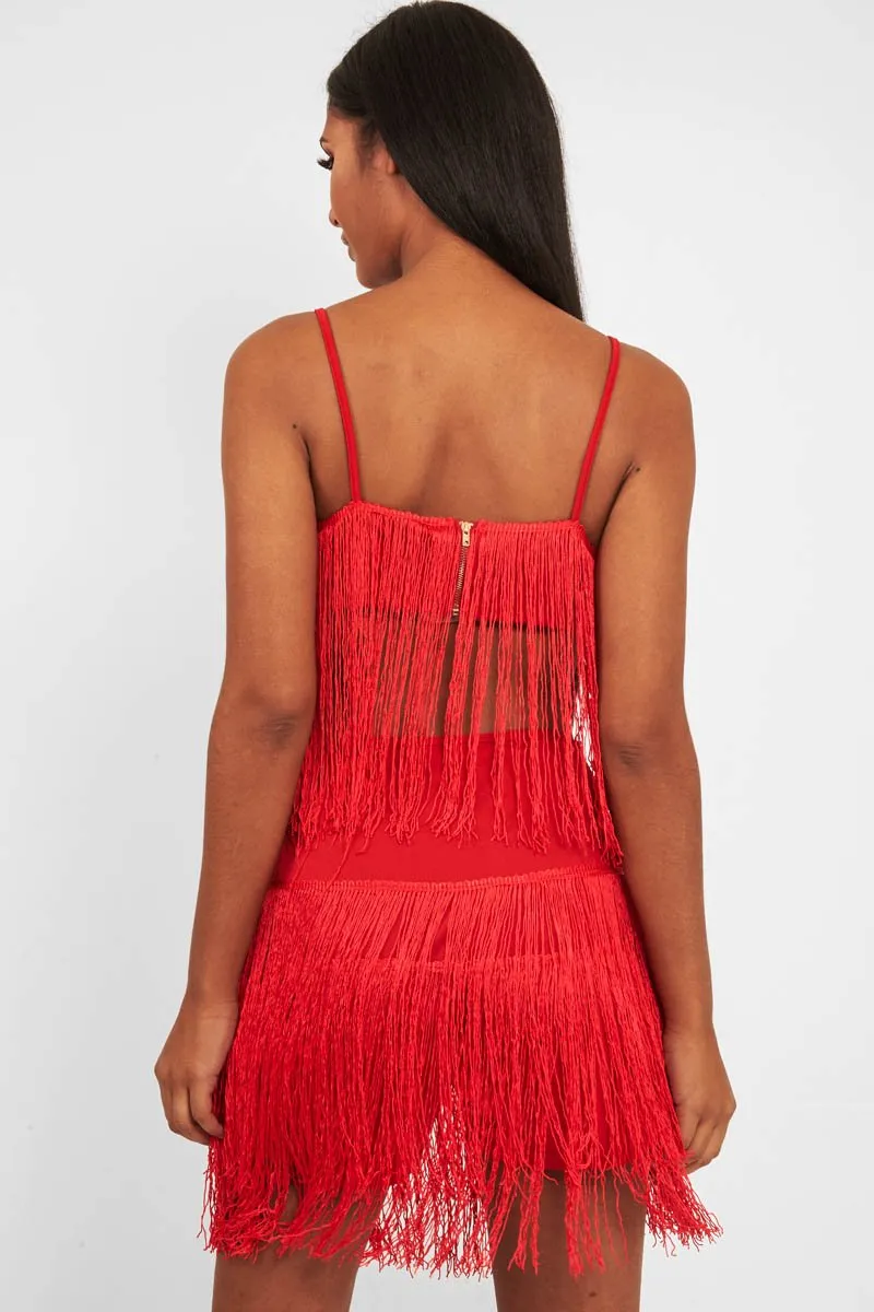 Red Fringe Crop Top Shorts Co-Ord - Lylith