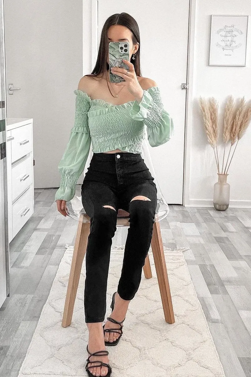 Sage Shirred Wrap Over Bardot Crop Top - Zuri