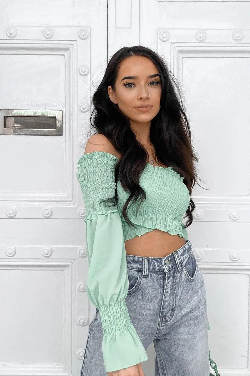 Sage Shirred Wrap Over Bardot Crop Top - Zuri