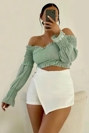 Sage Shirred Wrap Over Bardot Crop Top - Zuri