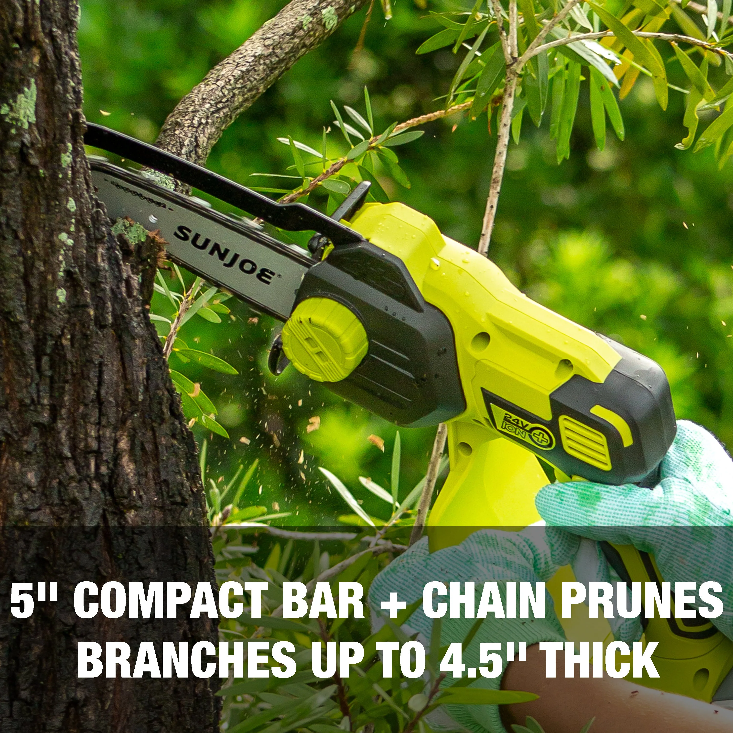 Sun Joe 24V-HCSEC-LT 24-Volt* IONMAX Cordless Handheld Chainsaw | 5-inch Pruning Saw Kit | W/ 2.5-Ah Battery, Charger, and Bonus Chain