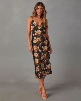 Sweet Sunflower Satin Floral Midi Dress