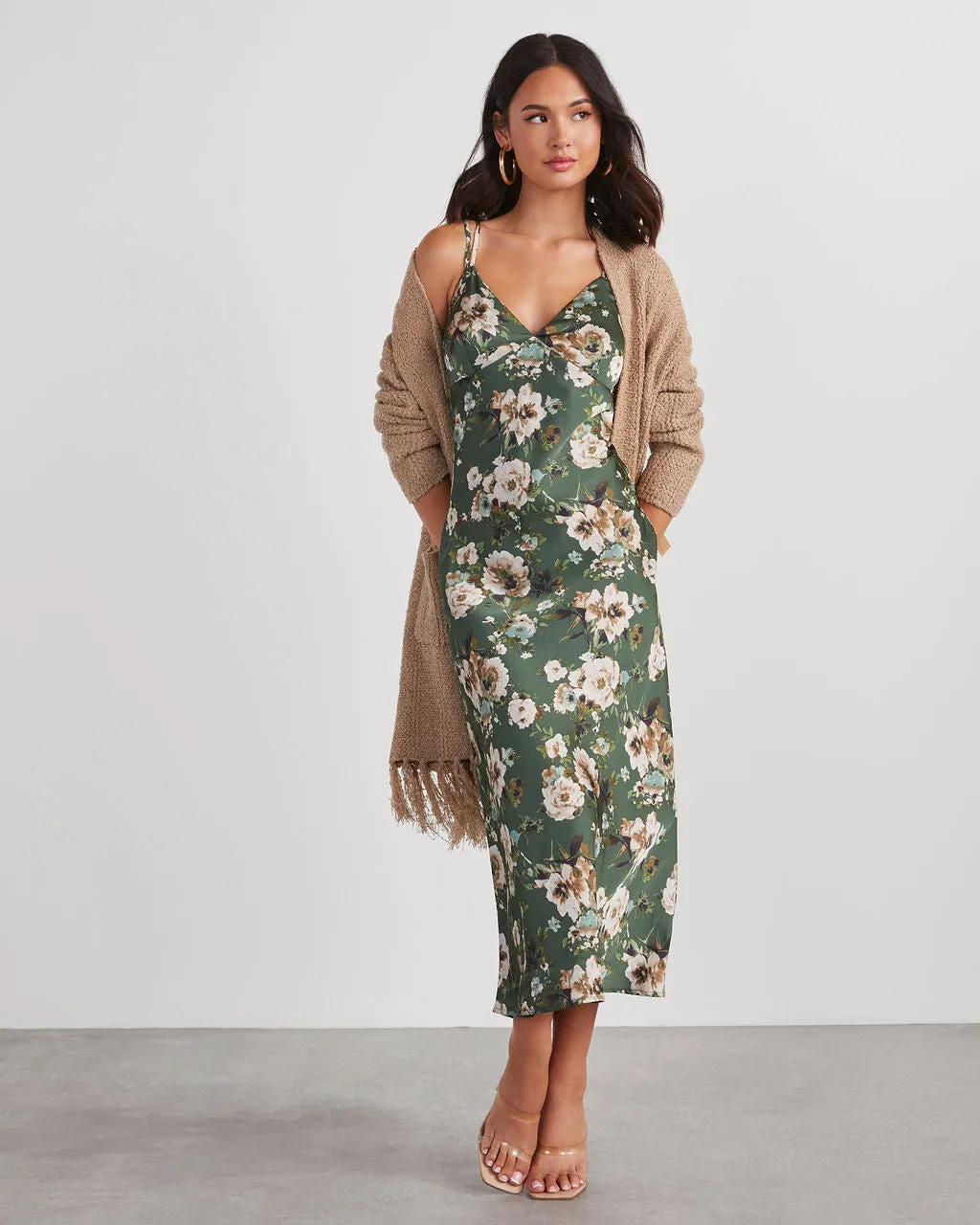 Sweet Sunflower Satin Floral Midi Dress