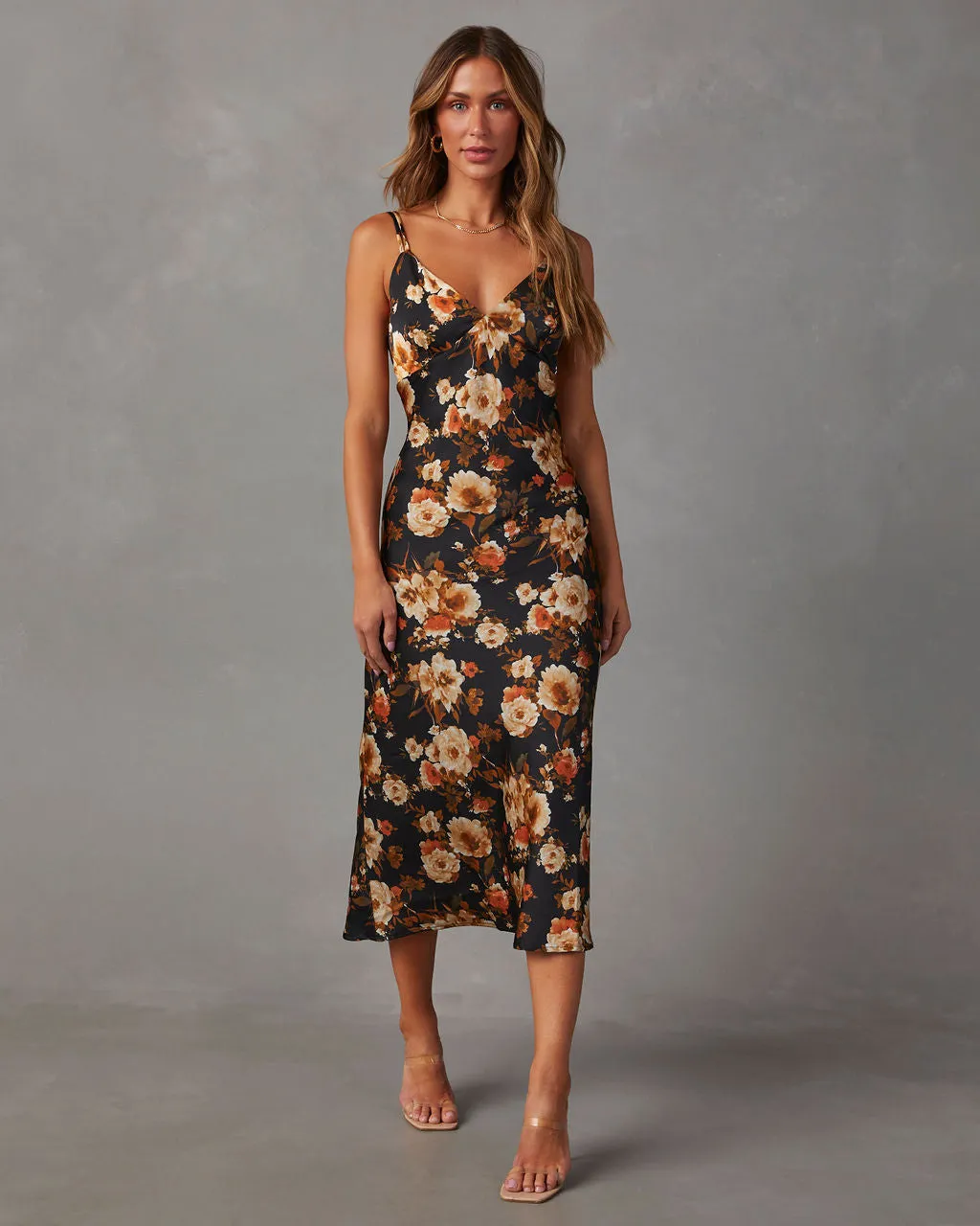 Sweet Sunflower Satin Floral Midi Dress