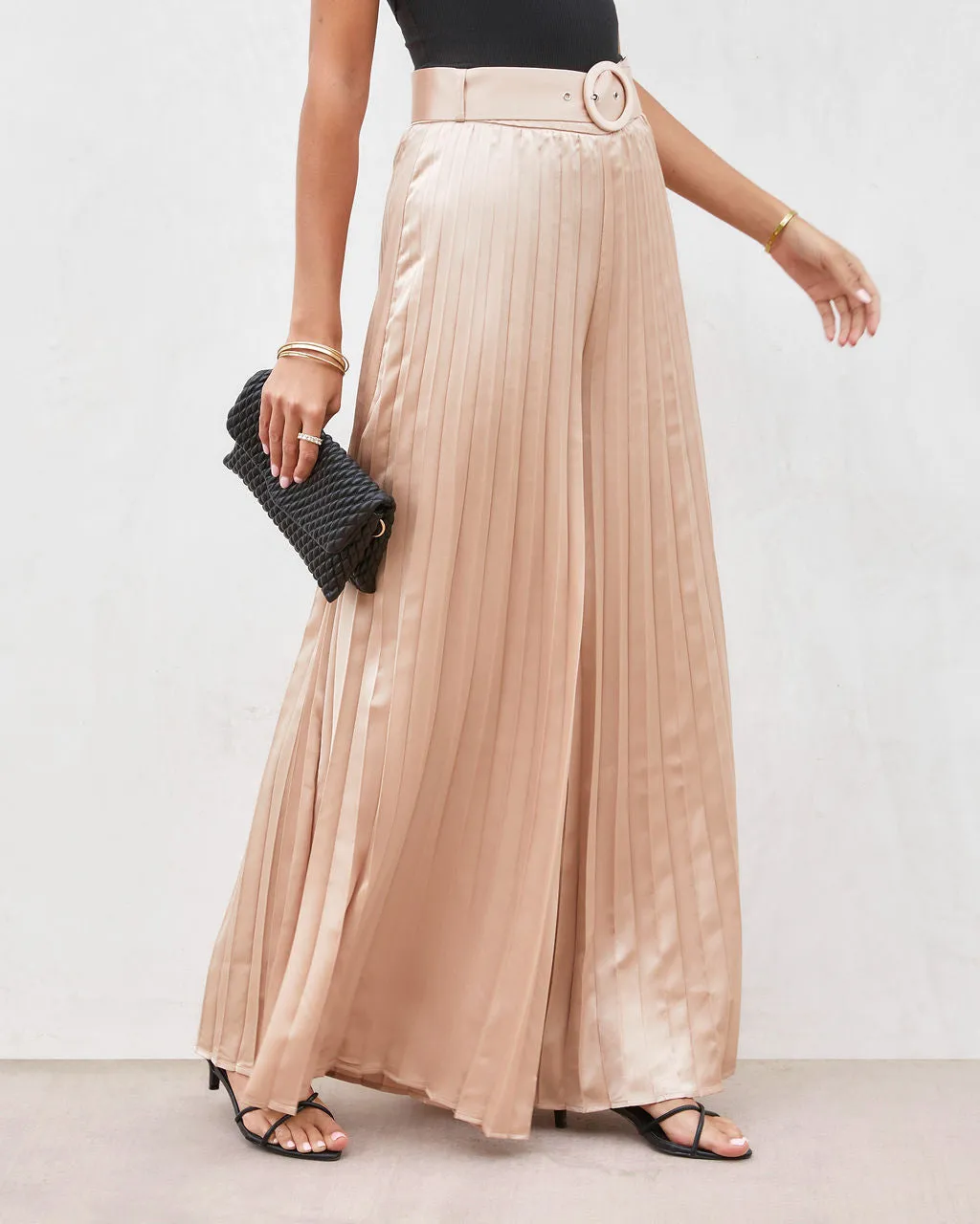 True Elegance Satin Pleated Belted Wide Leg Pants