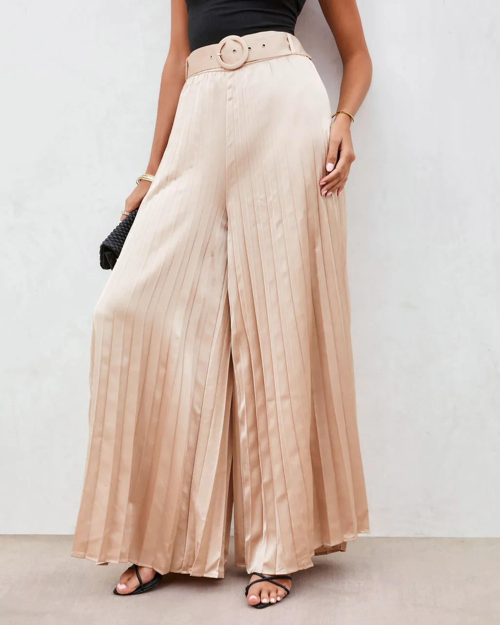 True Elegance Satin Pleated Belted Wide Leg Pants