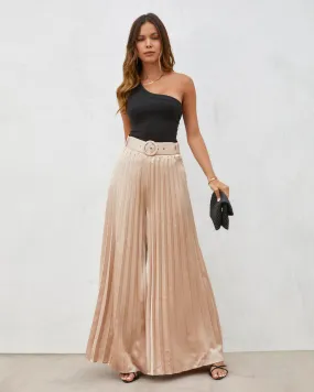 True Elegance Satin Pleated Belted Wide Leg Pants