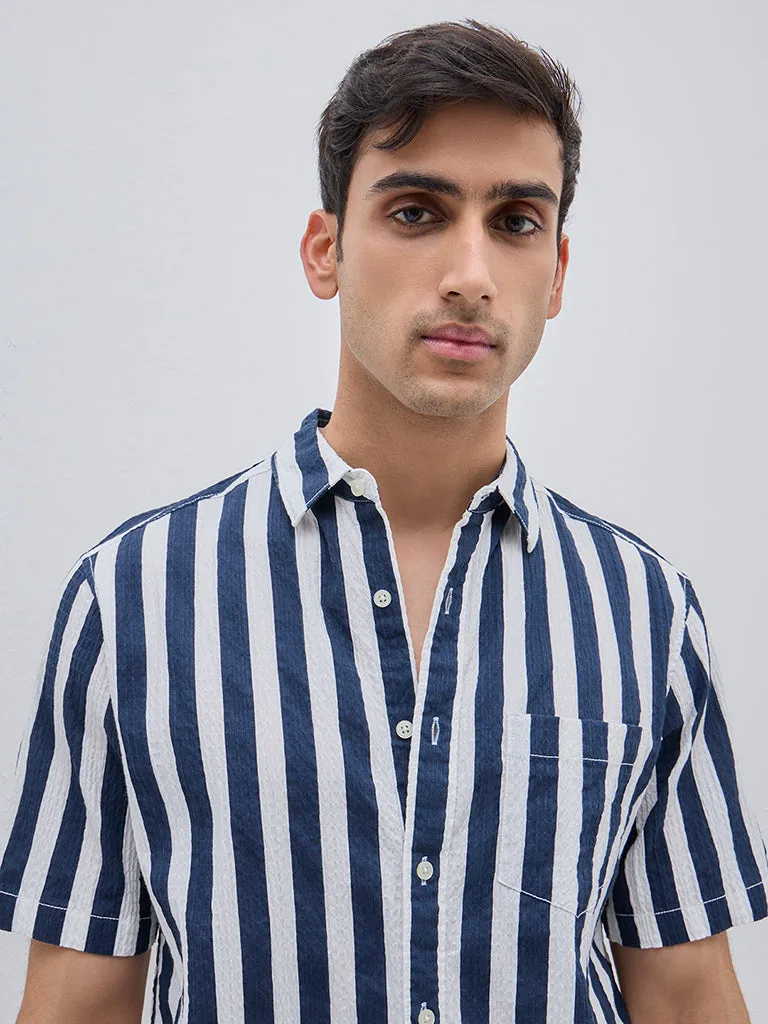 WES Casuals Navy Crinkle Relaxed-Fit Cotton Blend Shirt