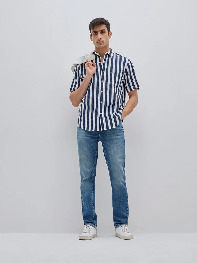 WES Casuals Navy Crinkle Relaxed-Fit Cotton Blend Shirt