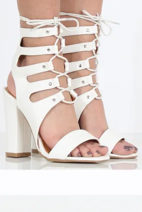 White Pu Block Lace up Heel - Daisy