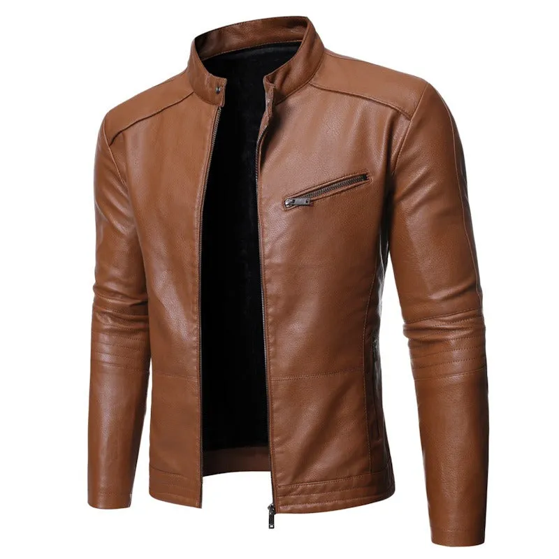 Winter Men's Motorcycle Leather Jacket Stand Collar Leather Coat | 14JK41PY03