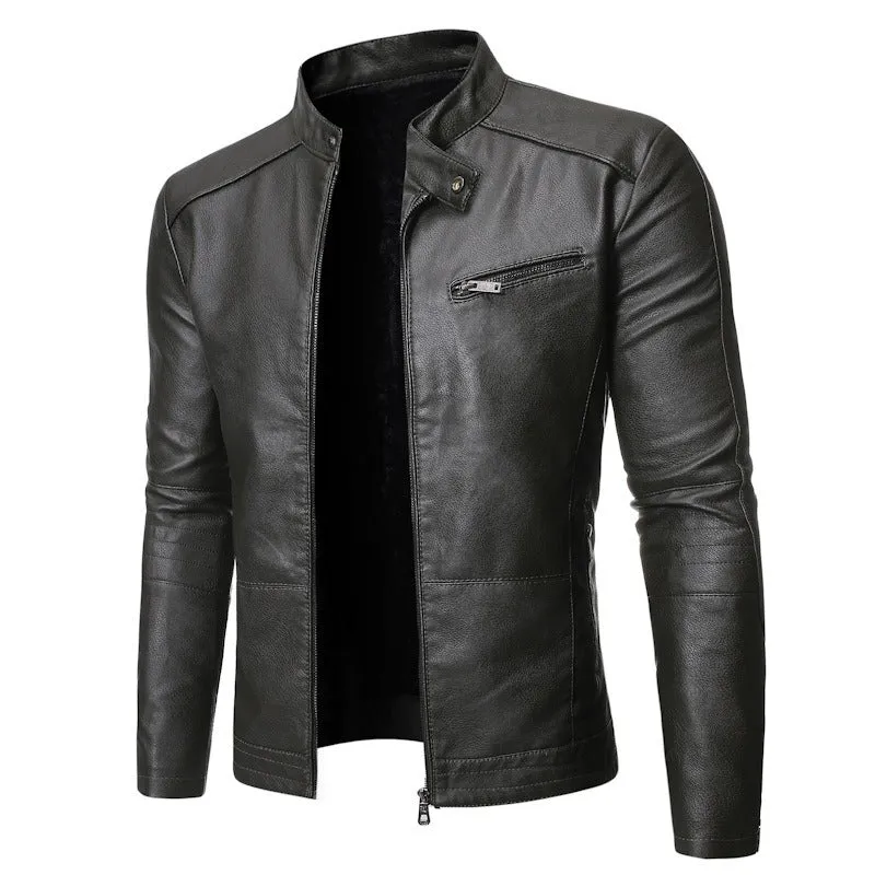 Winter Men's Motorcycle Leather Jacket Stand Collar Leather Coat | 14JK41PY03